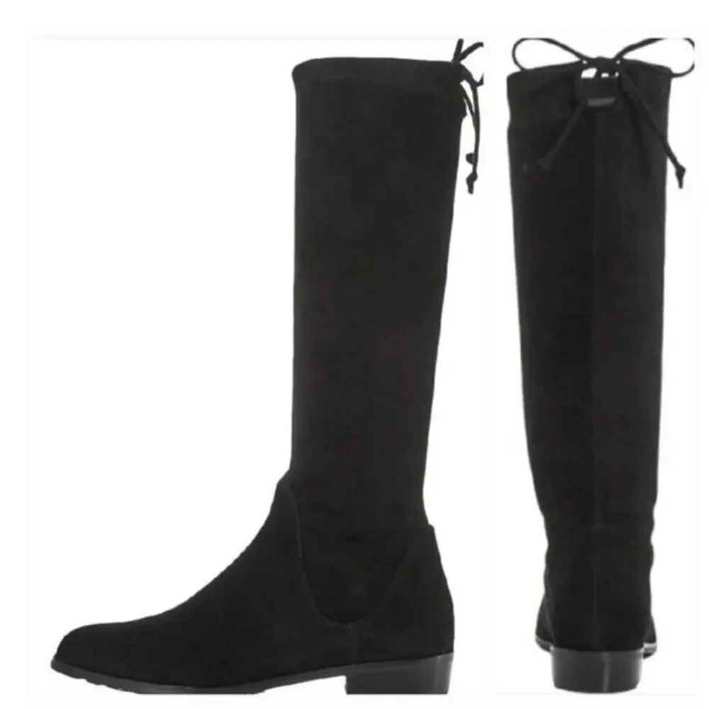 Stuart Weitzman Lilene Suede Tie Mid-Calf Boots black stretch suede. SIZE 5.5